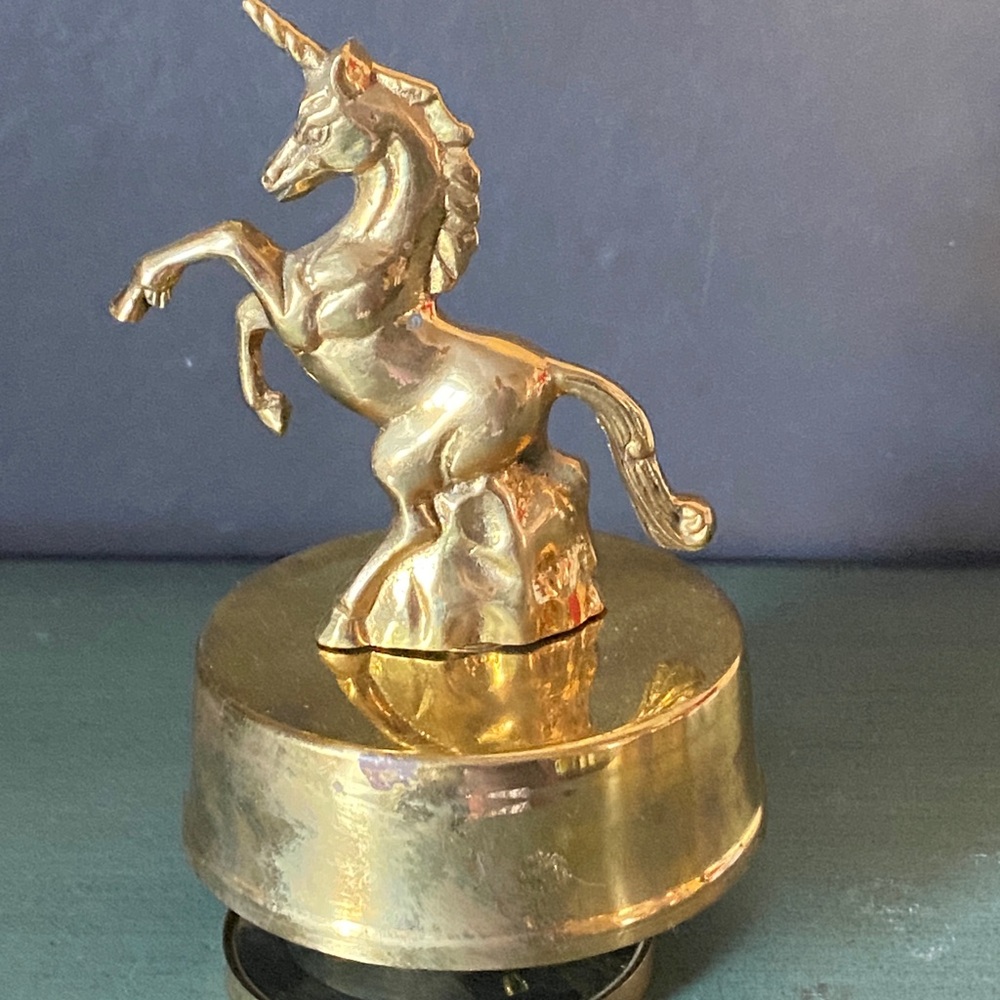 Flambro solid brass unicorn musical figurine. Plays Impossible Dream.Vintage